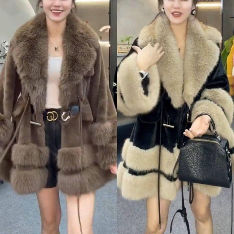 Trendy Faux Fur Coat with Fox Fur Collar, Women's Stylish Faux Mink Fur Jacket, Plush Outerwear Fashion