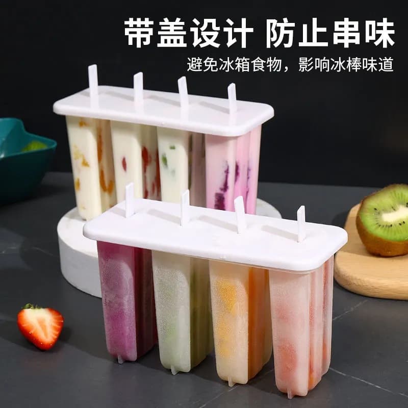 Plastic 4-Cavity Classic Popsicle Molds with Lids to Prevent Odor Transfer, Home DIY Ice Cream and Ice Cube Trays