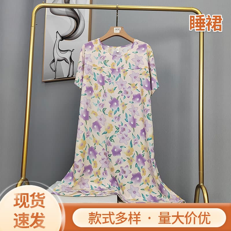 2025 New Cotton Silk Nightgown for Women Summer Thin Plus Size Sleepwear Short Sleeve Long Dress Wear Out