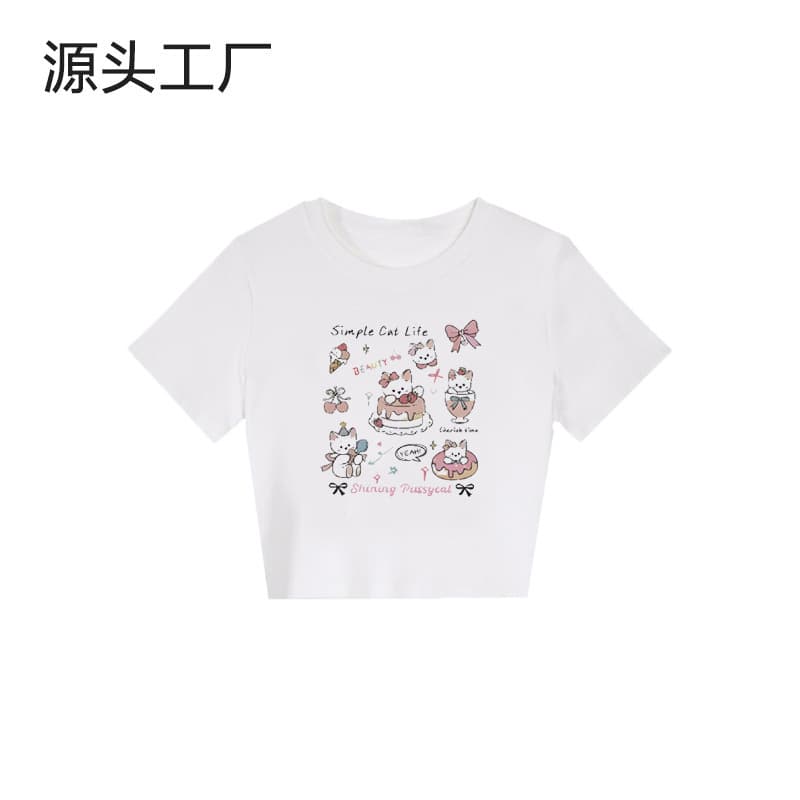 White Square Shoulder Round Neck Cropped Short Sleeve T-Shirt for Women, Cartoon Cat Print Slimming Versatile Sweet and Edgy Top