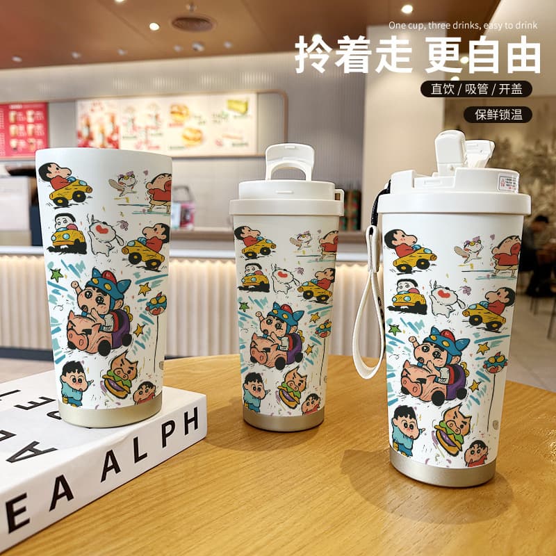 New Cartoon Cute Insulated Coffee Cup with Pig Hero Design, Portable Large Capacity Water Bottle for Students and Boys
