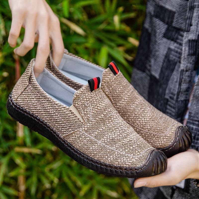 Men's Canvas Shoes with Cowhide Sole, Driving Shoes, Slip-On, Breathable, Casual, Wear-Resistant, Durable Middle-Aged Men's Shoes