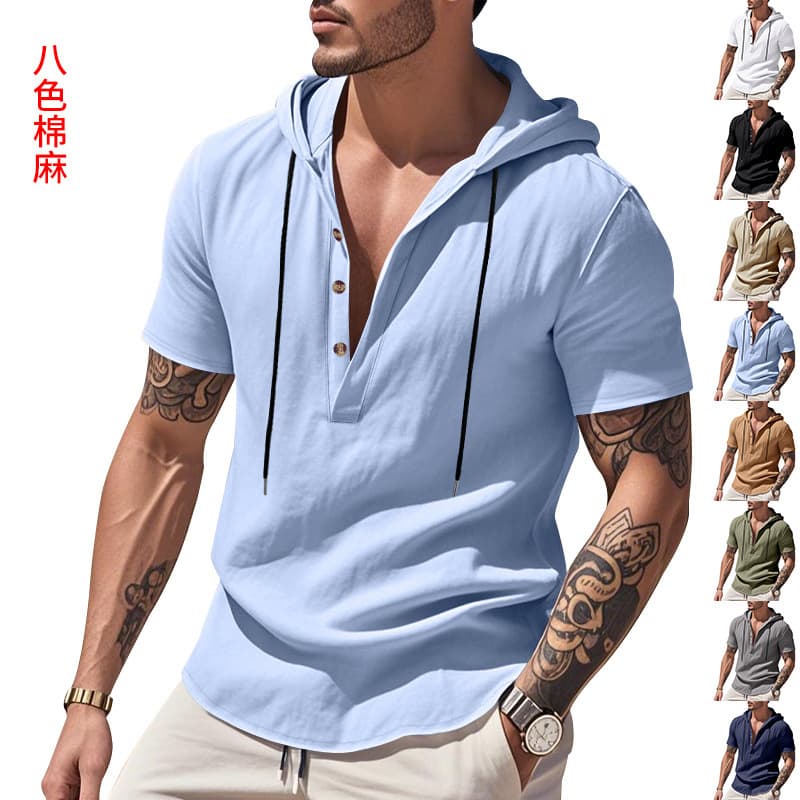 Men's Casual Linen Short Sleeve Shirt Breathable Comfortable Hooded T-Shirt Lightweight Summer Fashion Top for Men