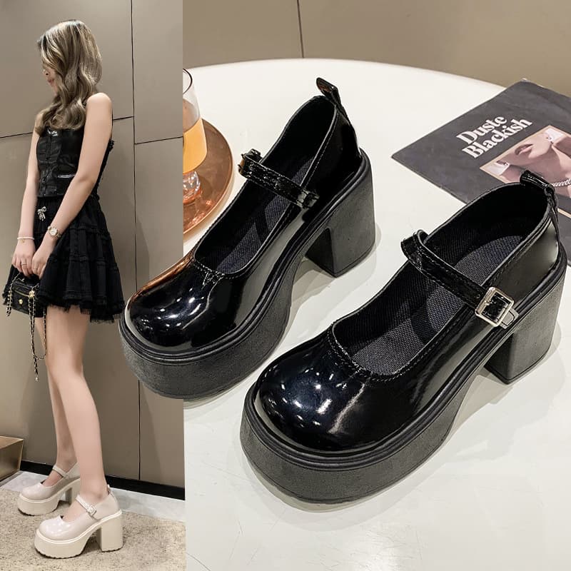 2024 Spring Autumn New Style Women's Casual Shoes Thick Sole High Heel Vintage French Design Mary Sandals Pu Leather Upper
