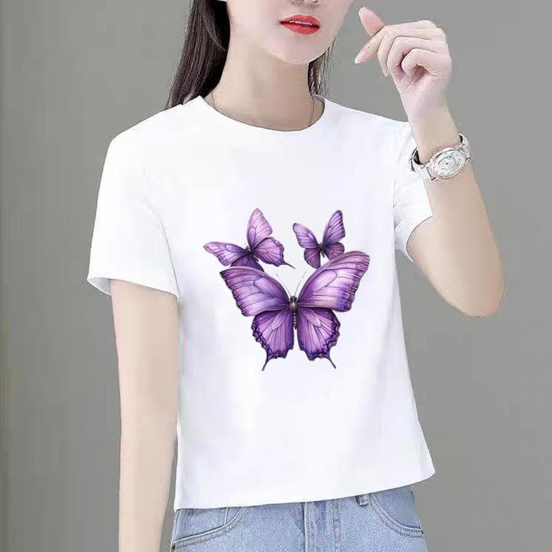 Cartoon Butterfly Round Neck Casual Printed Top Korean Style Bottoming Shirt for Women Fashionable Youth Ins Short-Sleeved T-Shirt