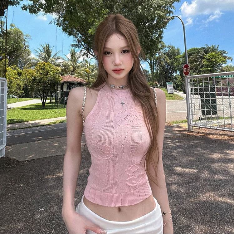 2026 new summer style pink hollow cable knitted halterneck camisole female pure lust style short hot girl top