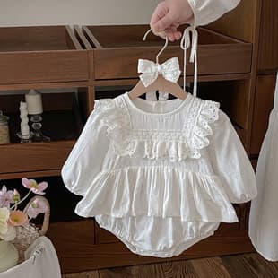 2026 Autumn Baby Girl Sweet White Bodysuit Romper Long Sleeve Princess Style Lace Dress