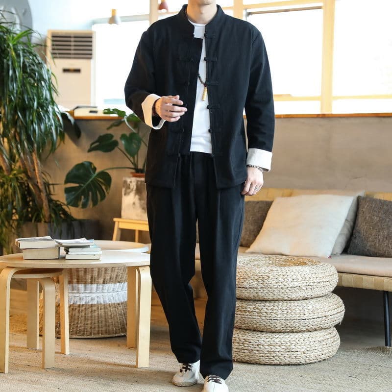 Three-piece Tang suit for men, traditional clothing, Tai Chi style, middle-aged and elderly Tang suit, monk's robe, with frog buttons, thin and medium length.