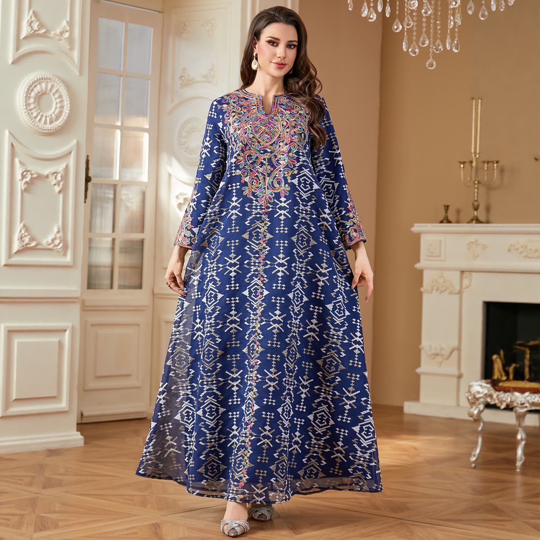 New Cross-Border Embroidered Robe Dress for Women V-Neck Rope Embroidery Jalabiya