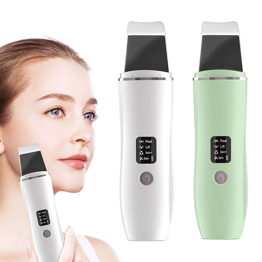 Electric exfoliating scrubber for removing blackheads, whiteheads, and dead skin; facial cleansing spatula.