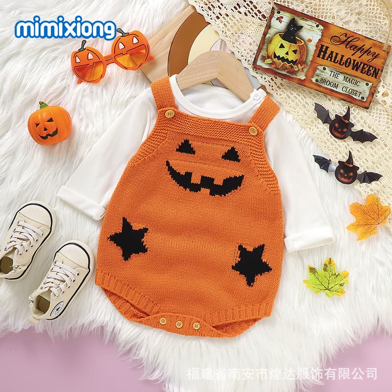 Ins hot selling cross-border new Halloween pumpkin baby crawling suit European and American cute suspender one-piece harem suit crawling suit