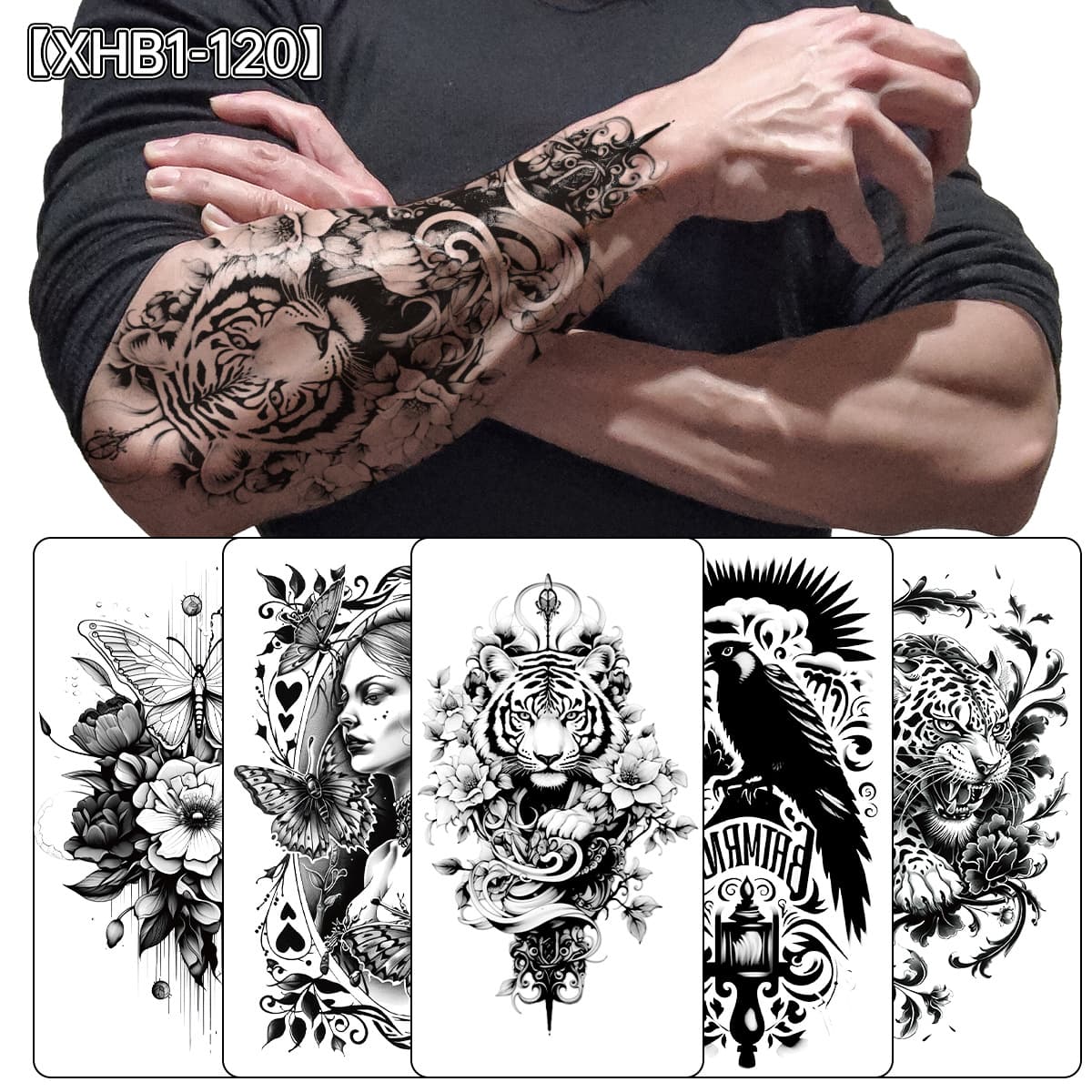 European and American Style Colorful Flower Arm Tattoo Stickers, Wolf Head, Plain Flower, for Men and Women, 3D Realistic, Eco-Friendly, Waterproof Tattoo Stickers