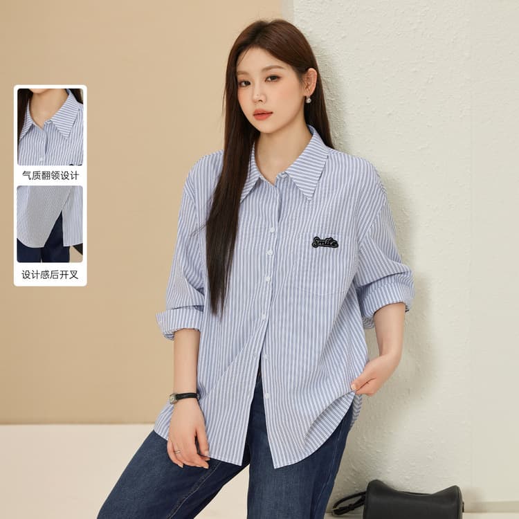 [Nautical Style] Relaxed Blue and White Striped Shirt, Intellectual and Elegant, Plus Size Women's Clothing, Spring New Arrival