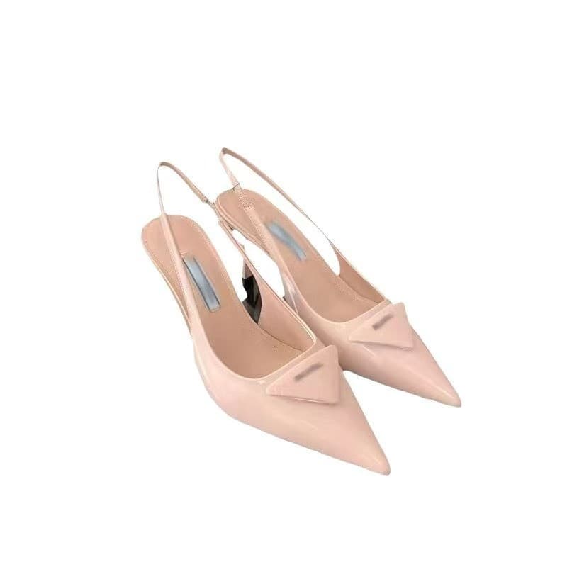 2026 High Version P Brand High Heels Pointed Toe Closed Toe Thin Heel Back Cutout Sexy Chic Commuter Triangle Logo Sandals