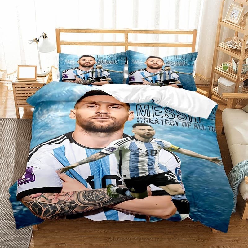 3D Digital Printed Bedding Set with Football and Basketball Stars Messi and Ronaldo - Duvet Cover Set