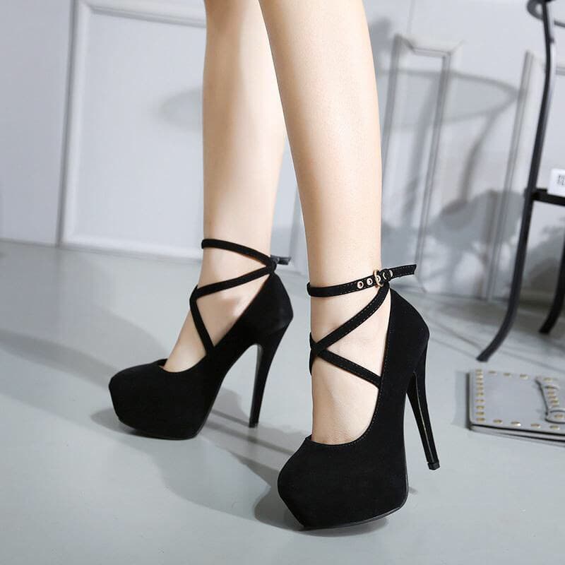 Stiletto Heel Suede Pumps with Cross Straps, New Autumn Style, Sexy Round Toe Platform Black Women's Shoes