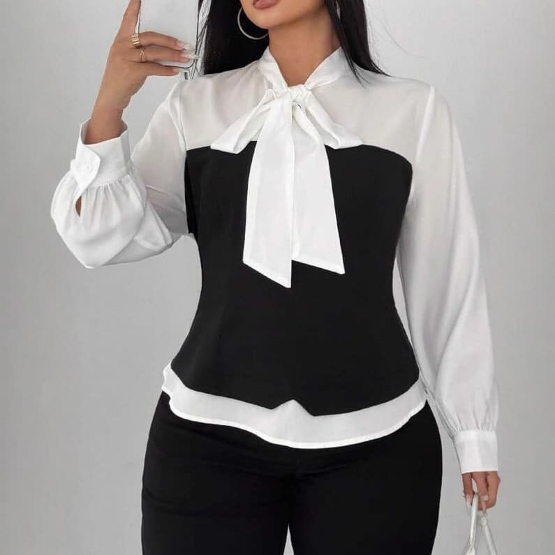 Amazon European and American style long-sleeved plus-size women's dress with bow, color blocking, faux two-piece top, new cross-border foreign trade shirt for women.