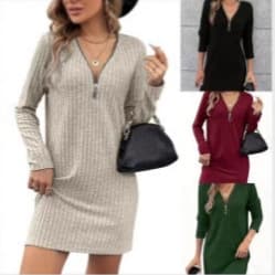 Cross-border European and American autumn and winter new V-neck zipper knitted slim dress women's long-sleeved solid color fashionable casual dress