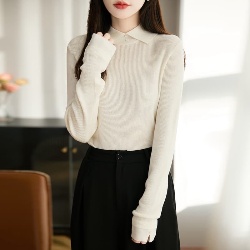 Worsted wool lapel women's sweater long-sleeved women's autumn and winter new sweater striped pullover bottoming shirt top