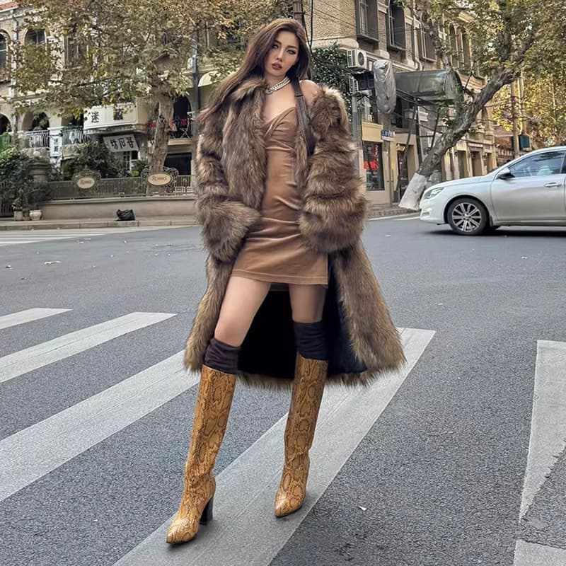 Women's Fur Coat Winter Warm Wolf Color Long Coat Fox Fur Faux Fur Lapel Trendy Jacket