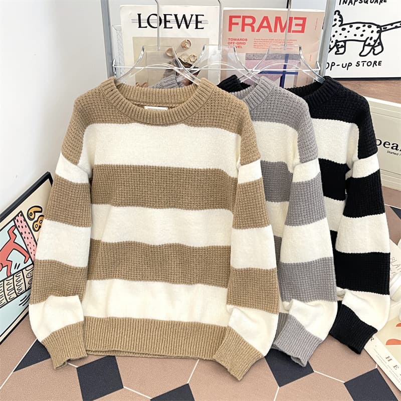 Autumn and winter Japanese style retro lazy sweater trendy brand long-sleeved sweater jacket American trendy striped round neck sweater for men