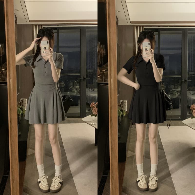 Retro Casual Polo Collar Dress, High-End, Sweet and Spicy Plus Size Belly-Covering Slimming Skirt