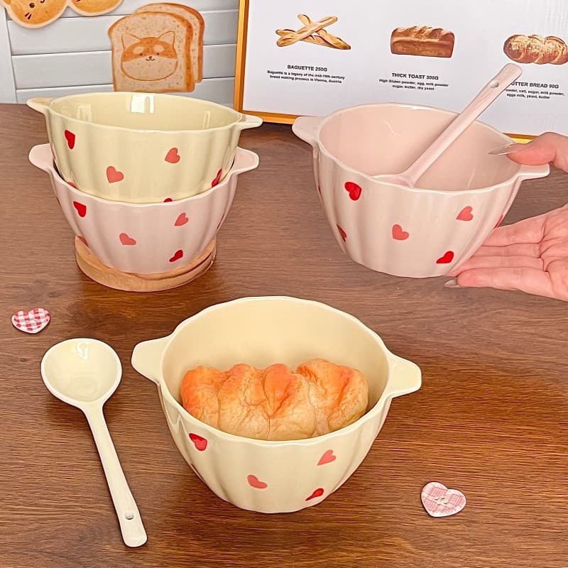 Creamy Heart-Shaped Ceramic Double-Handled Bowl, Underglaze Decorative Pumpkin Bowl for Home Breakfast, Oatmeal, and Dessert