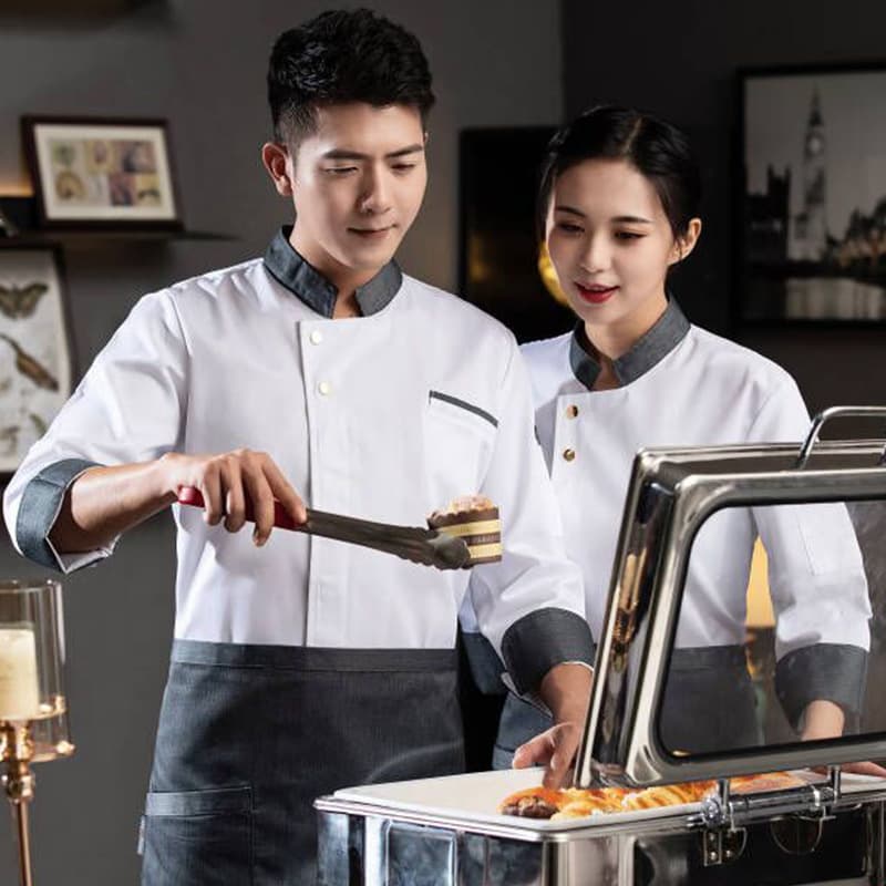 Long Sleeve Chef Uniforms Men's Hotel Restaurant Kitchen Workwear Polyester Fiber Moisture Wicking Striped Fabric Chef Coat