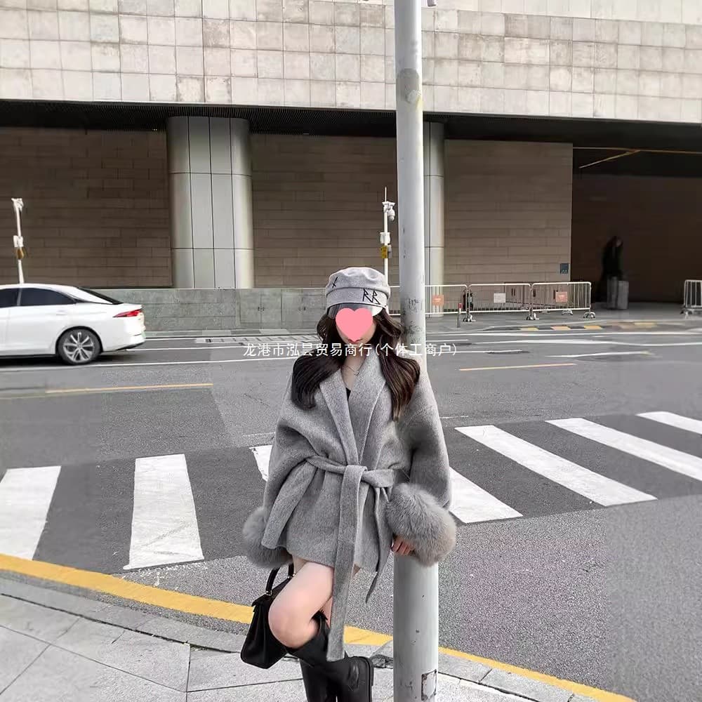【Factory Stock】Gray Belted Waist Wool Coat for Women, Autumn/Winter Long-Sleeve Loose Fit Mid-Length Jacket