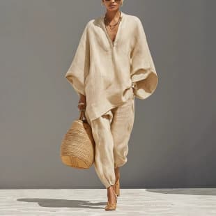 2026 Cross-border European and American Spring/Summer Fashion Women's Casual Batwing Sleeve V-Neck Loose Fit Apricot Set