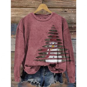 Art Christmas Tree Plaid Print Sweatshirt 3D Print Christmas Fashionable Slim Round Neck Sweatshirt