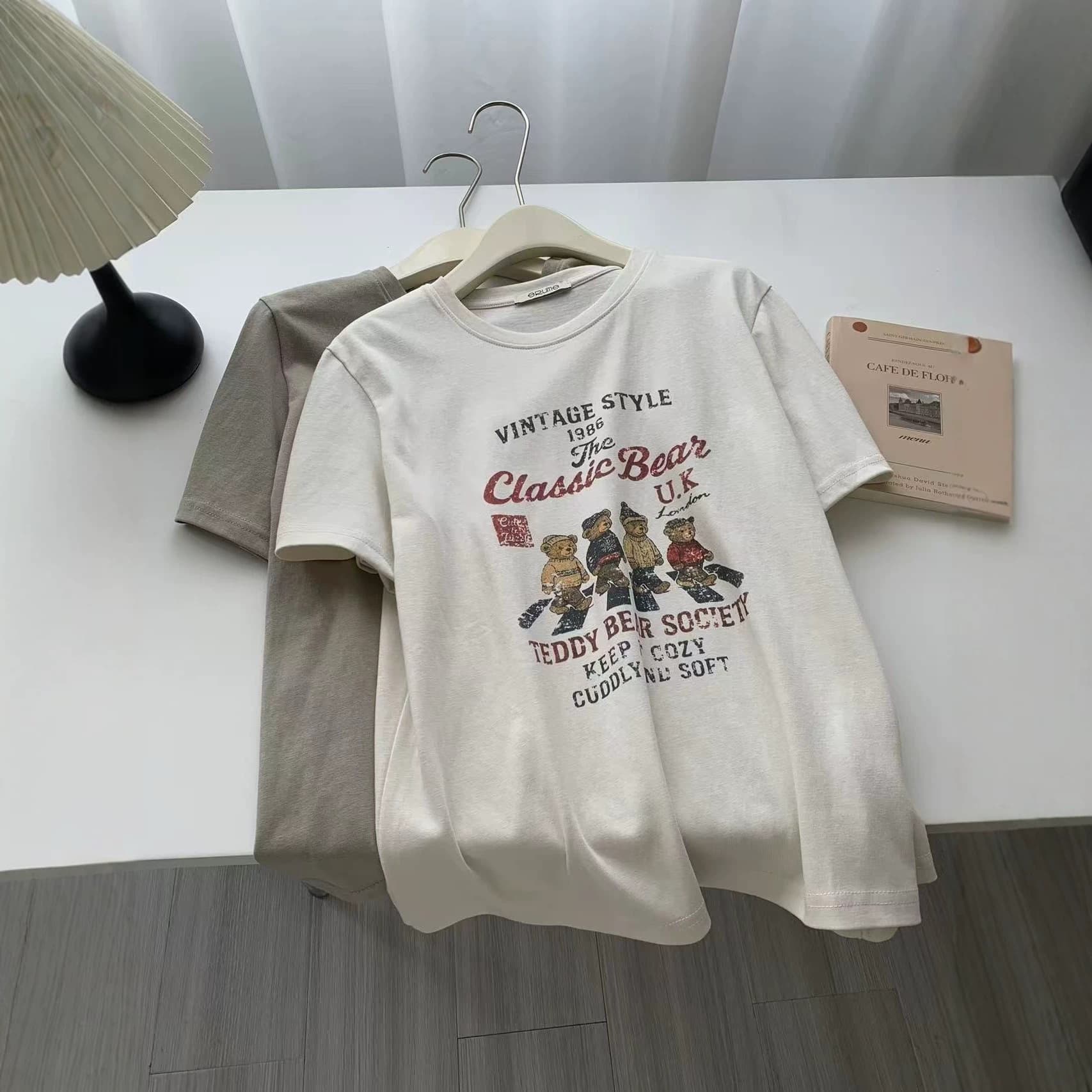 Korean Cartoon Bear Print Round Neck Short-Sleeved T-Shirt for Women 26th Summer New Style Loose Casual Versatile Top Tee