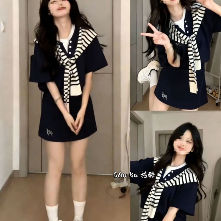 Korean Lazy Style Women's College Outfit Faux Two-Piece Gray Short Sleeve Layered Shawl Skirt Pants Three-Piece Set