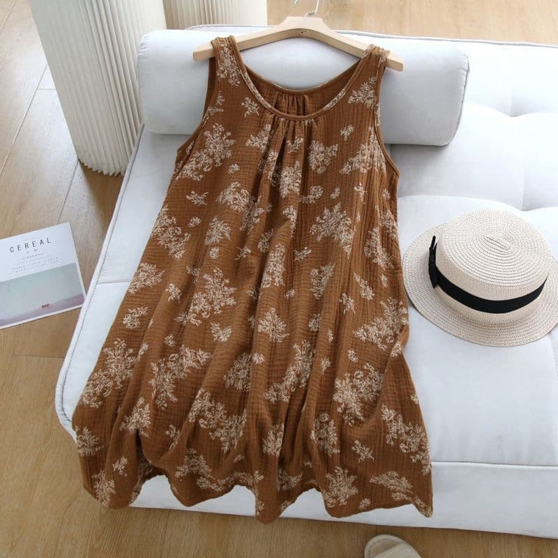 Cotton nightgown for women, loose, slim and versatile, double layer crepe floral vest dress, sleeveless dress, summer dress