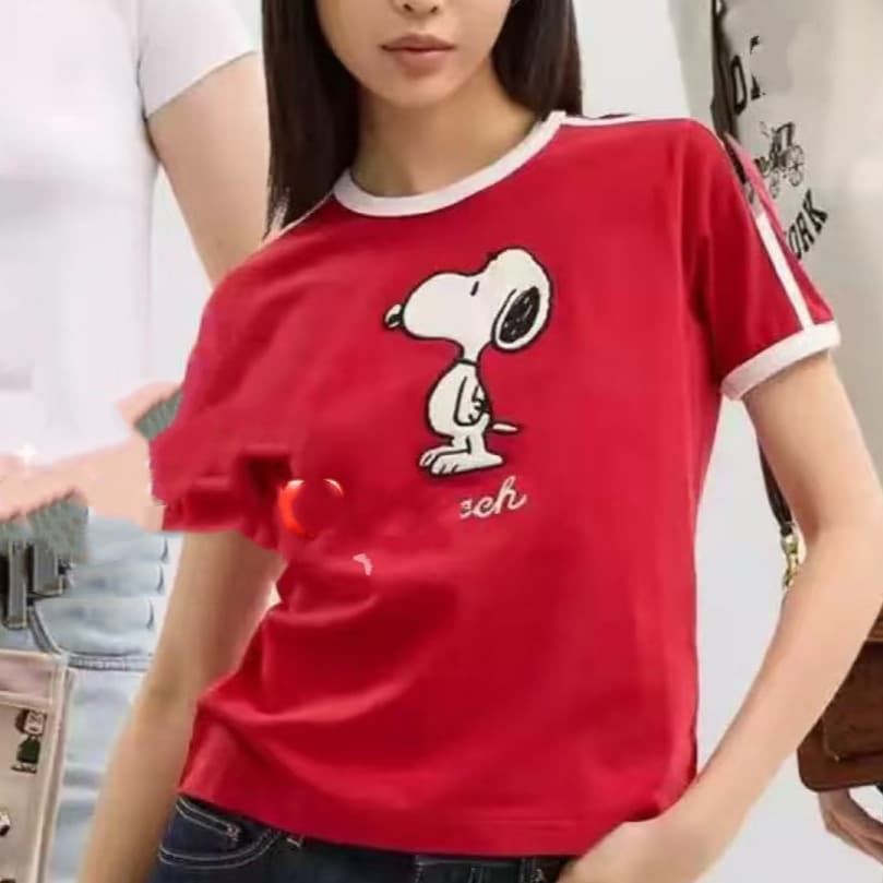Cross-border CH KOU 26S Spring/Summer Red Contrast Snoopy Dog Embroidery Casual Loose Trendy Women's Short Sleeve T-Shirt