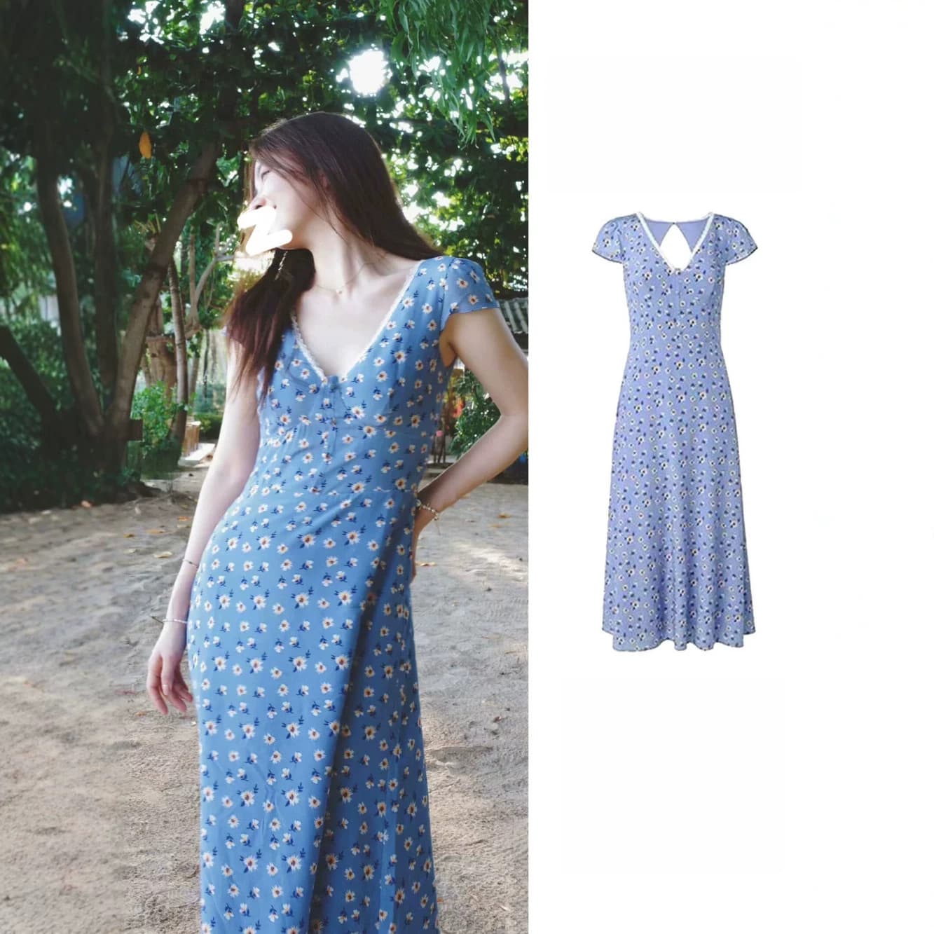 Tan Songyun's same style holiday daisy floral dress for women 2026 summer tea break dress V-neck short-sleeved waist skirt
