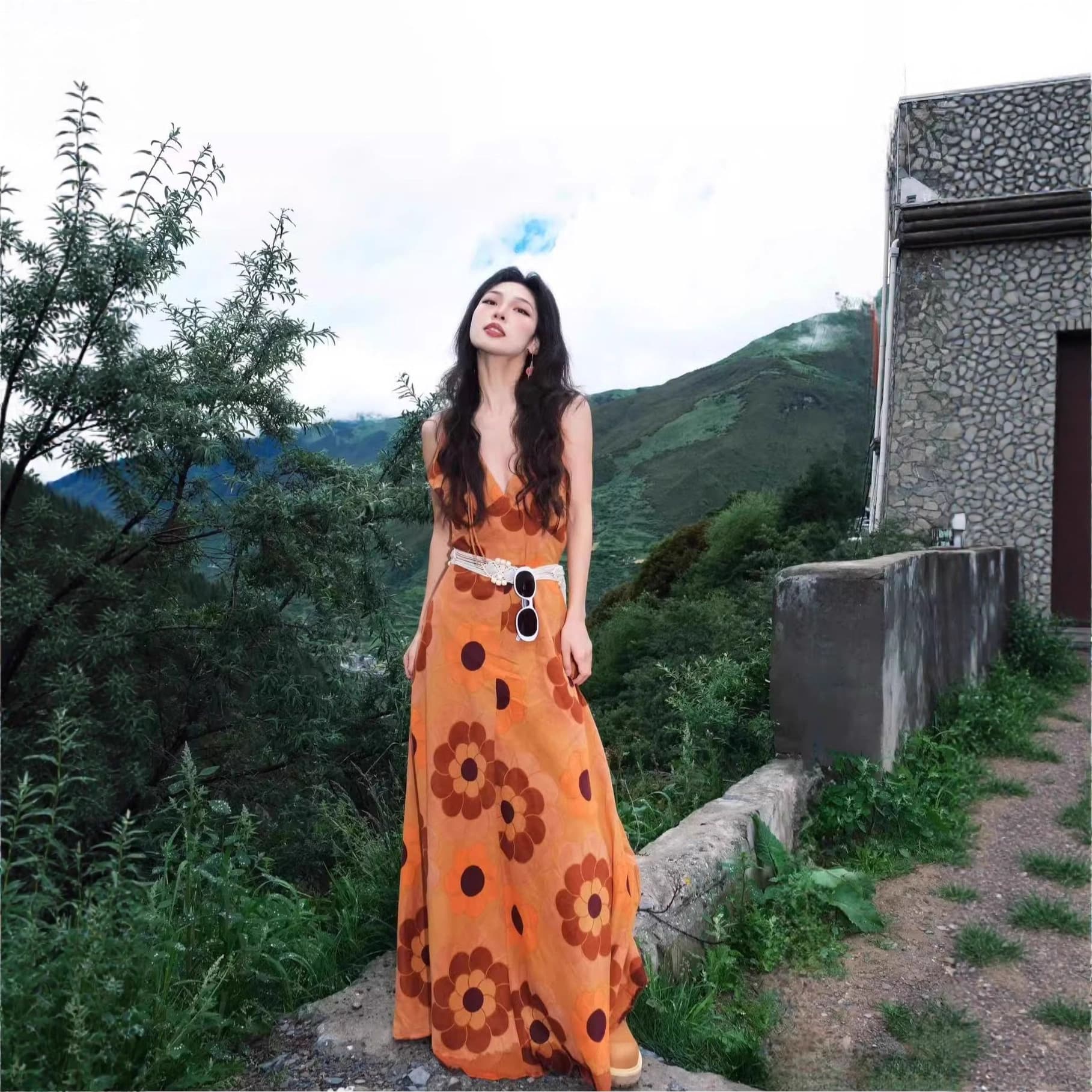 Xishuangbanna Thailand Island Travel Outfit Beach Vacation Printed Dress Bohemian Beach Dress
