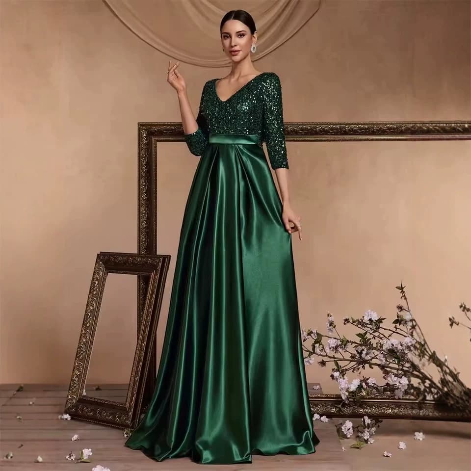 New Cross-Border V-Neck Elegant Short-Sleeve Sequin Evening Gown Slim-Fit Flared Satin High-End Prom Dress for Women