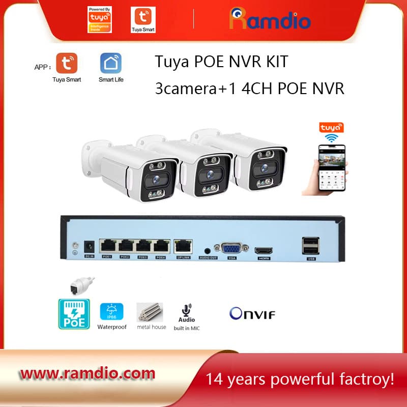 Tuya 5MP Wired PoE Camera Full Color 3-Channel Device Monitor Kit Home Factory Security Camera