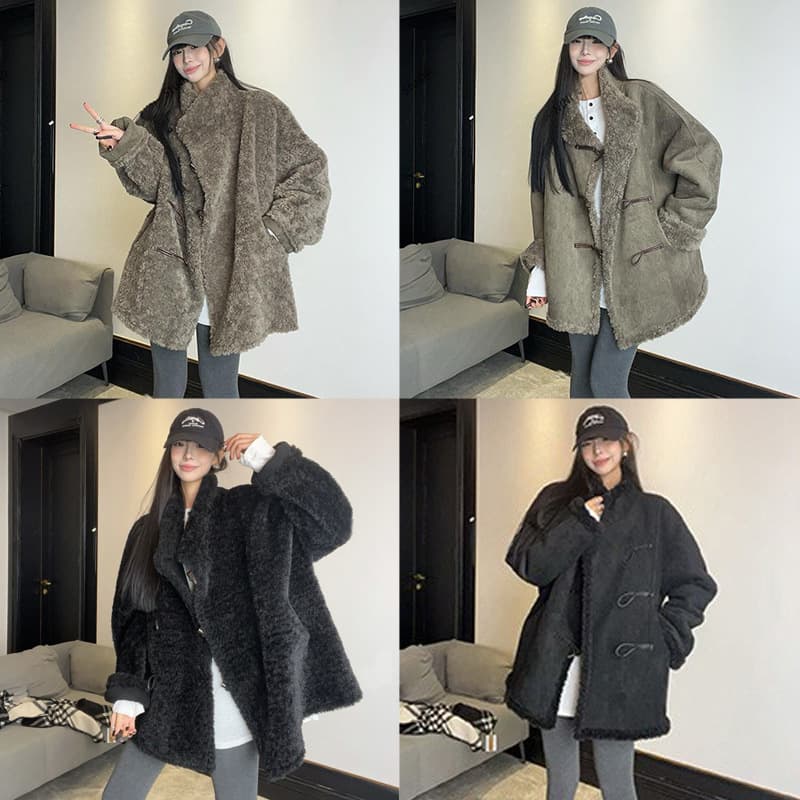 Winter Notting Hill Reversible Imitation Lamb Wool Suede Horn Button Jacket for Women Winter Loose Tall Fur Integrated