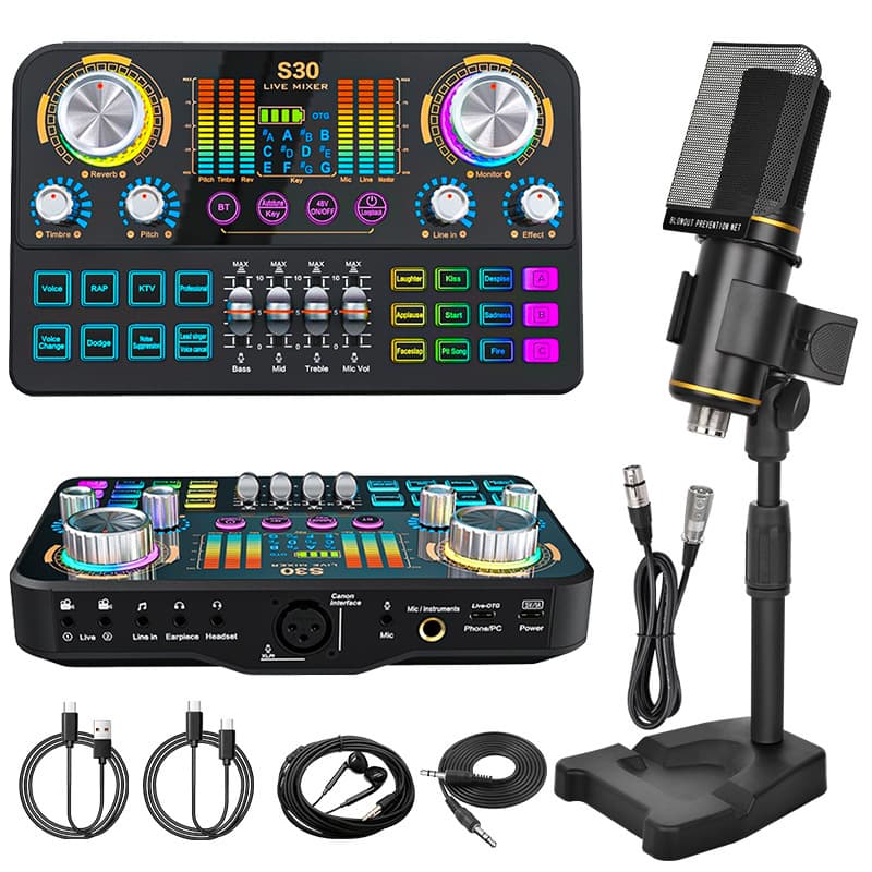 New Cross-Border Mixer Microphone Set Live Recording XLR Microphone 48V Sound Card with Bluetooth Accompaniment Noise Reduction