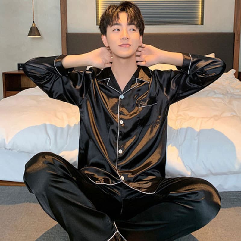 Men's Ice Silk Sleepwear Long Sleeve Loose Cardigan Home Clothes Comfortable Simple Style Autumn Winter Large Size Pyjamas