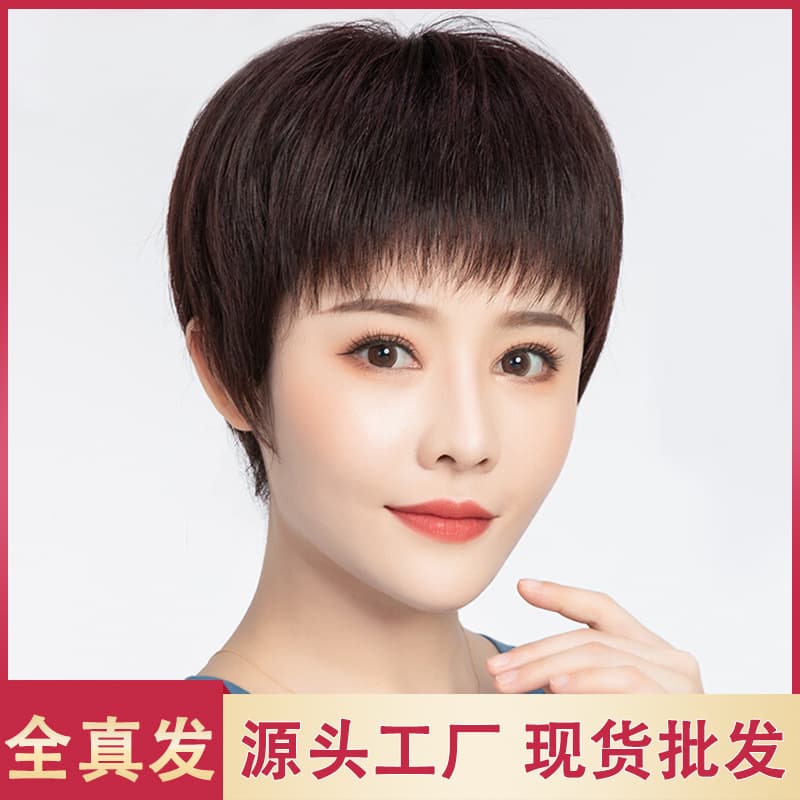 Women's Short Straight Full Head Wig, Natural Human Hair for Middle-Aged and Elderly, Can Be Dyed and Permed