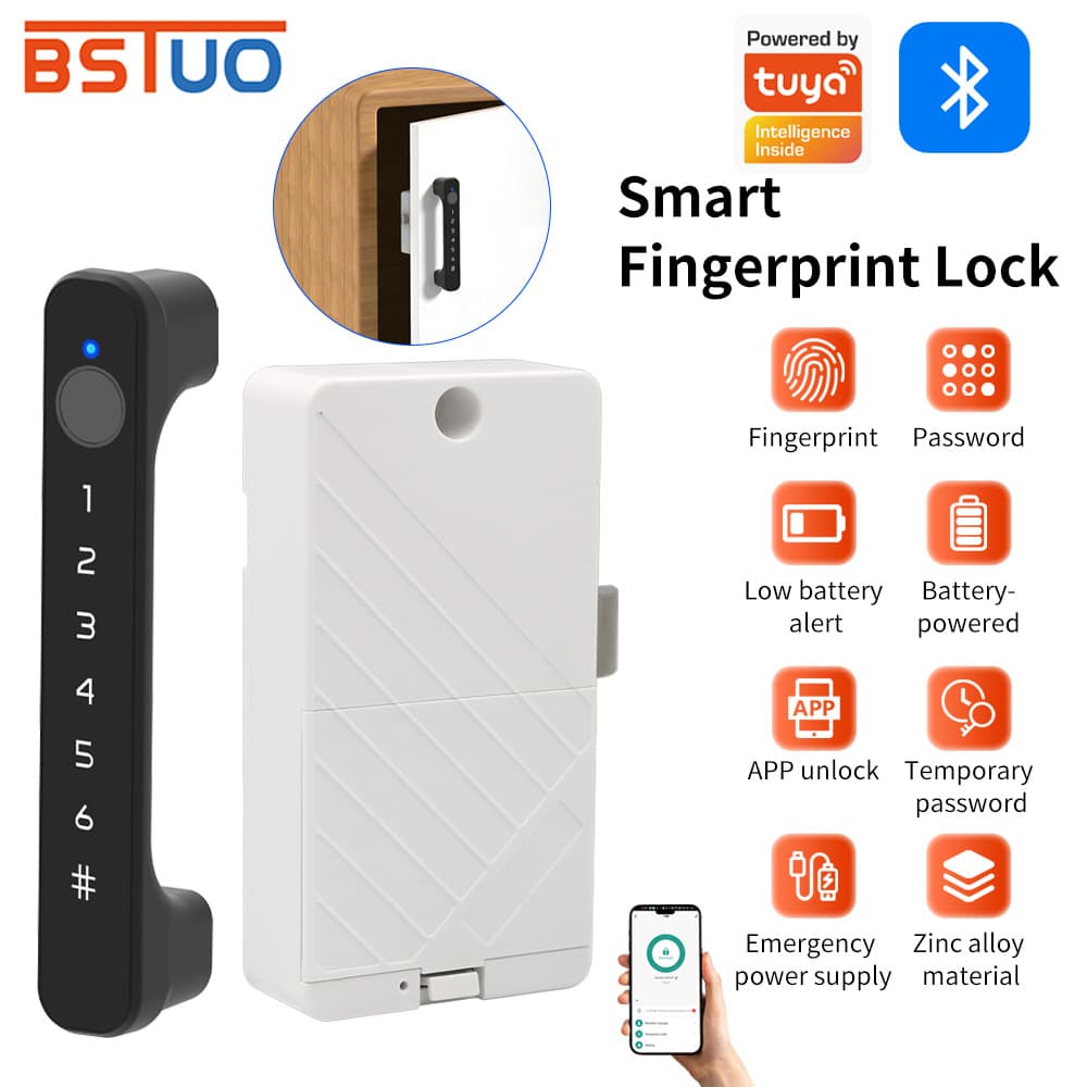 Zinc Alloy Tuya Bluetooth Smart Cabinet Lock Fingerprint Card Mobile APP Unlock Emergency Unlock No Wiring Lock