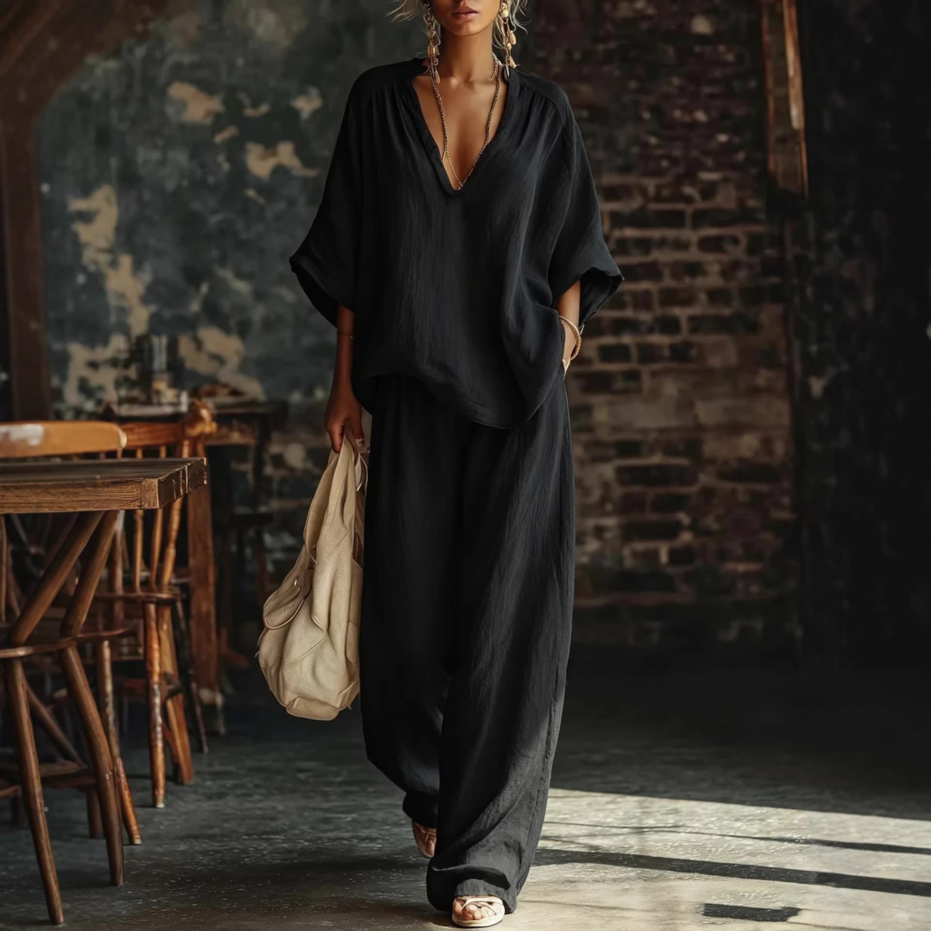 2026 European and American Cross-Border Women's Fashion Casual Solid V-Neck Loose Short Sleeve and Casual Pants Two-Piece Set