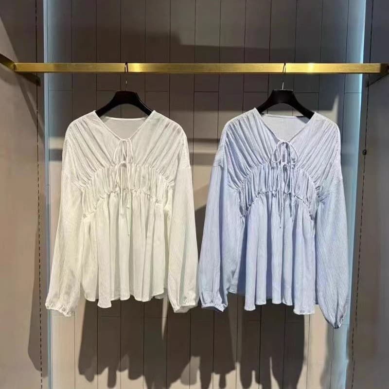 Japanese Style 25 Summer Sweet Ruffled Tie Loose Slightly Sheer Long Sleeve Blouse 02830-