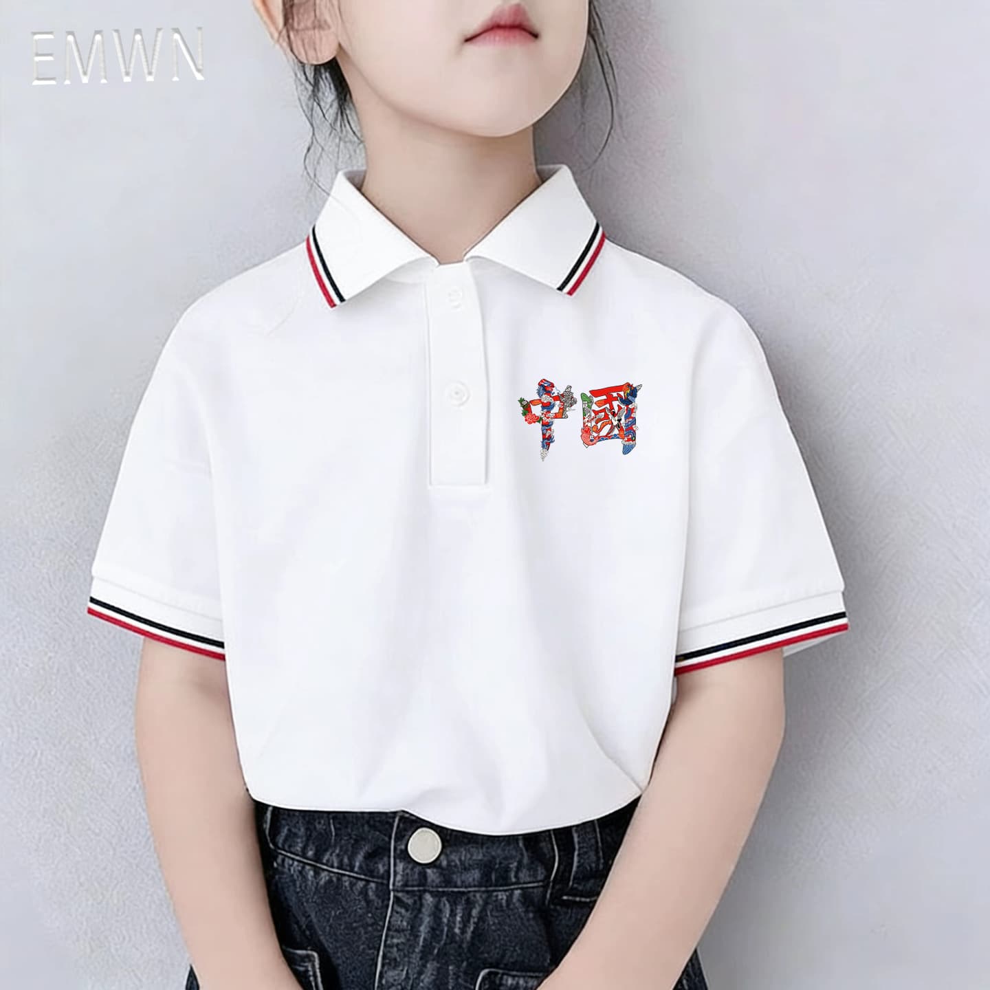 Children's polo shirt white lapel primary and secondary school student activity school uniform t-shirt loose summer boys and girls cotton short-sleeved