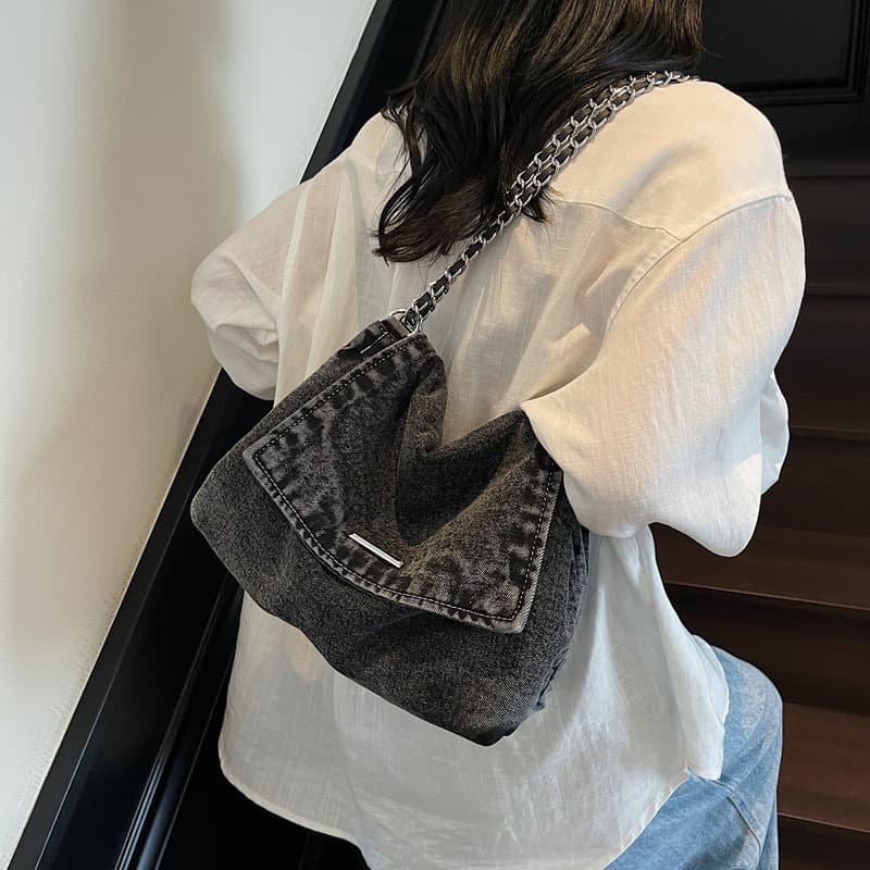 2025 New Fashion Denim Tote Bag, Casual Lazy Style Large Capacity Chain Crossbody Bag