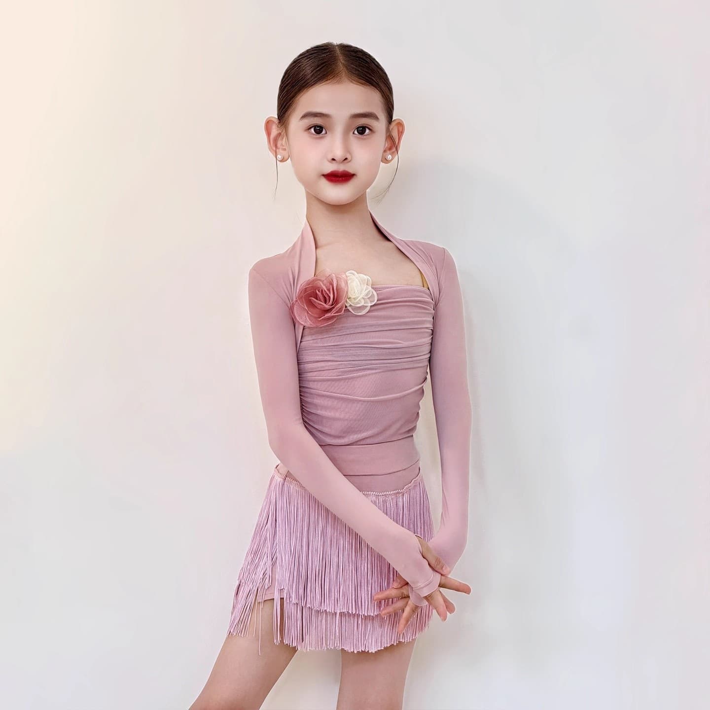 Connie Same Style Latin Dance Suit Set for Girls, Daily Dance Practice Long-Sleeve Cape Halter Top Fringe Skirt