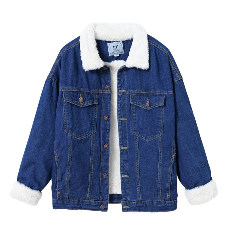 Trendy European and American Fleece-Lined Thick Denim Jacket for Women with Lamb Wool Winter Imitation Rabbit Fur Casual Dark Blue Coat
